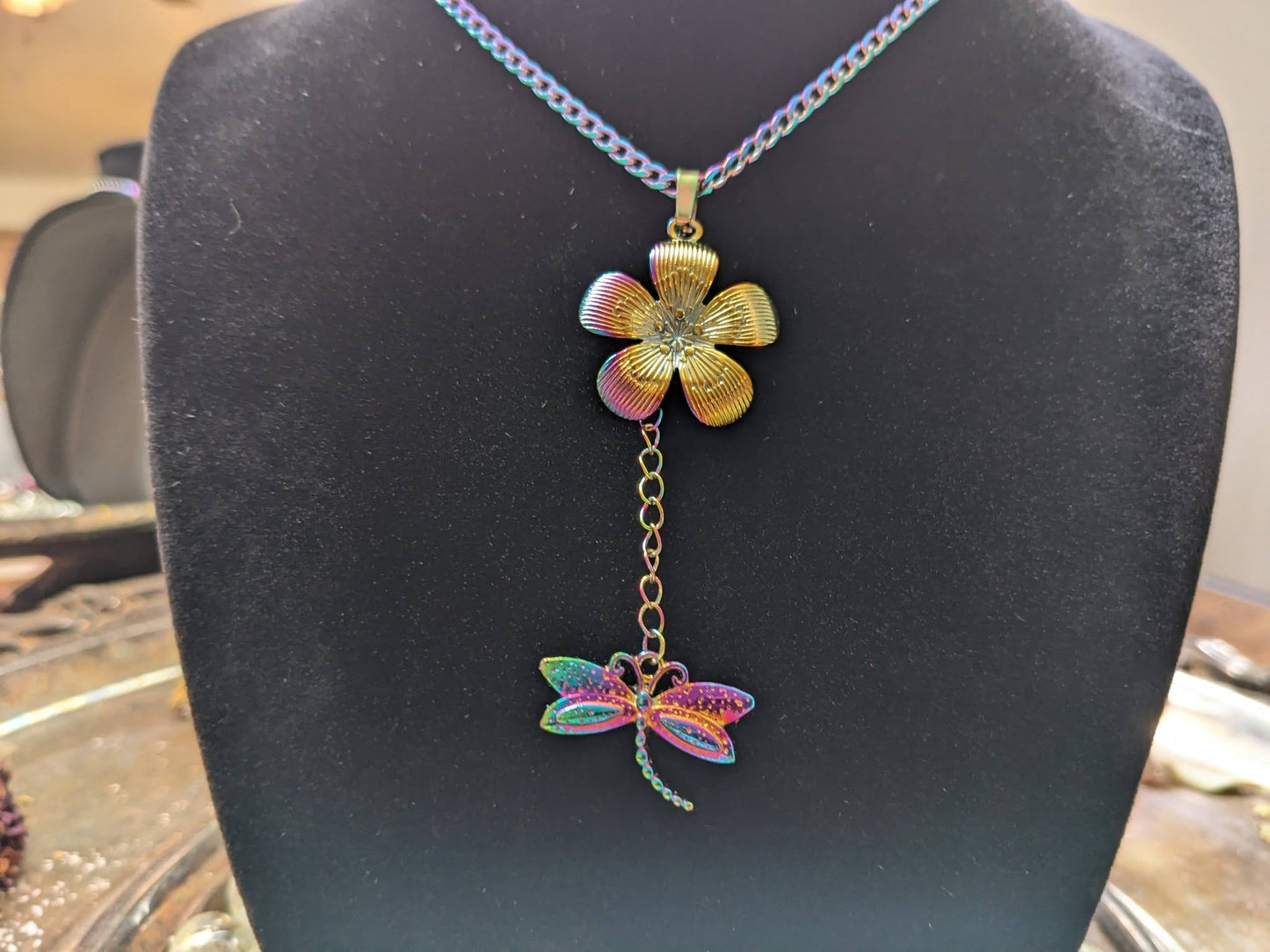 Dragonfly and Hibiscus Rainbow Chain Necklace