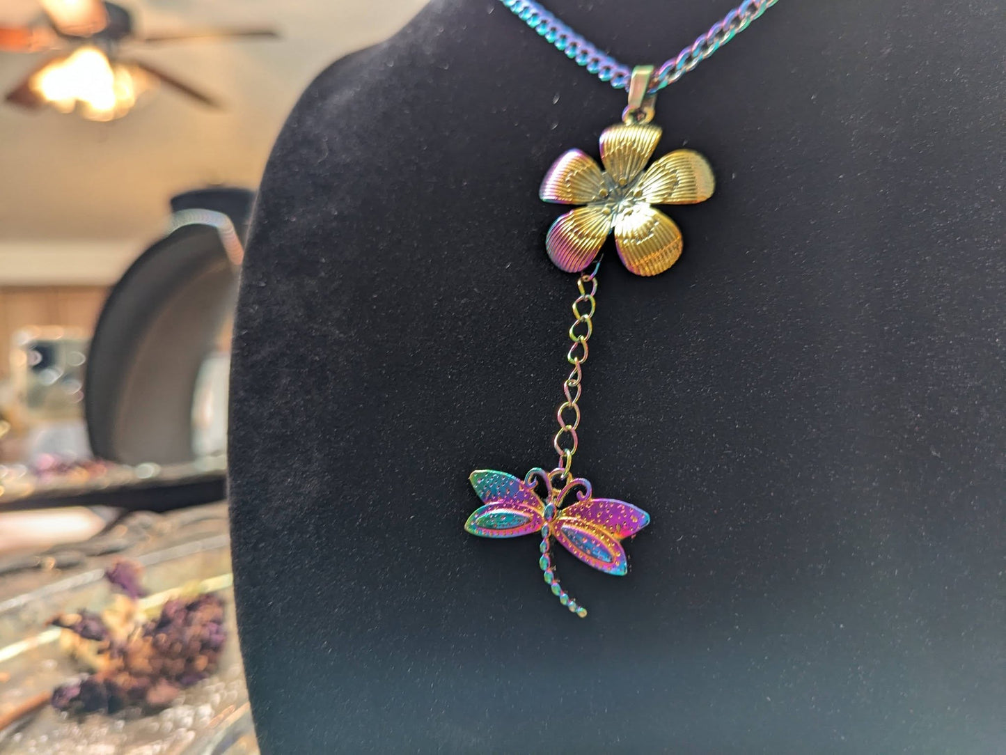 Dragonfly and Hibiscus Rainbow Chain Necklace