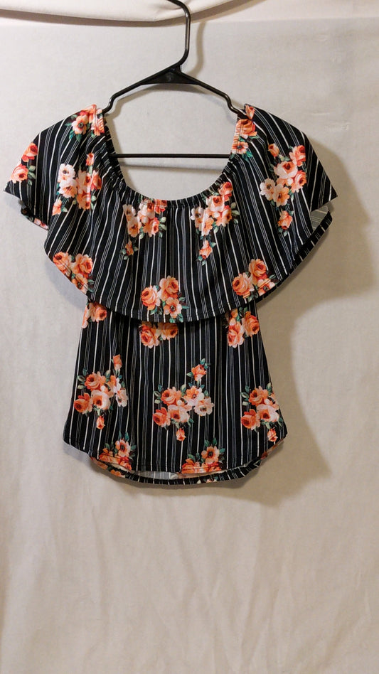 Short Sleeve T-shirt with Floral Print and white stripes
