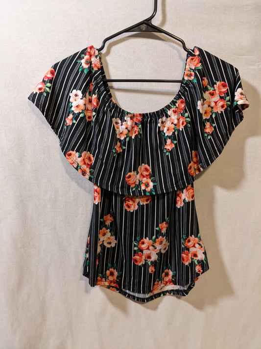 Short Sleeve T-shirt with Floral Print and white stripes