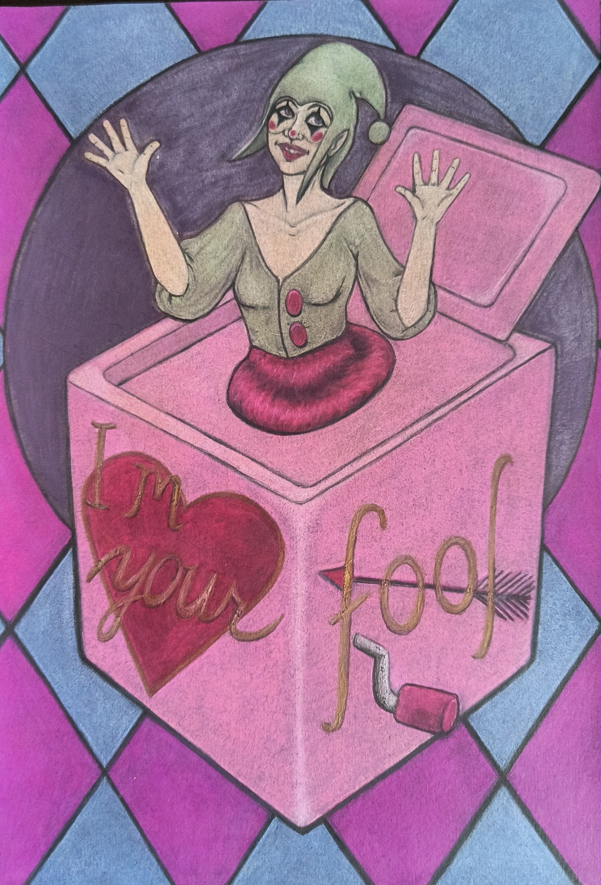 A female jack-in-the-box clown popping out of a pink box with "I'm your fool" written over heart and arrow